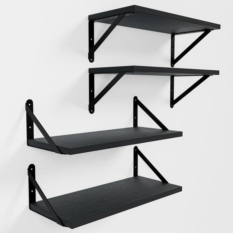 COCOYA Wall Shelves 7.3" Deep Set of 4, Solid Paulownia Wood Wider Longer Sturdy Easy to Install Wall Mounted Bookshelves Storage Shelves Bathroom Home Office Laundry Room Bedroom Organizer Black - Image 1